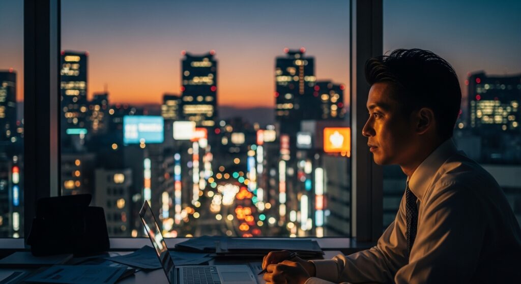 夜景を見ながら職場の人間関係に期待しすぎず、自分のキャリアについて長期的な視点で考える男性。