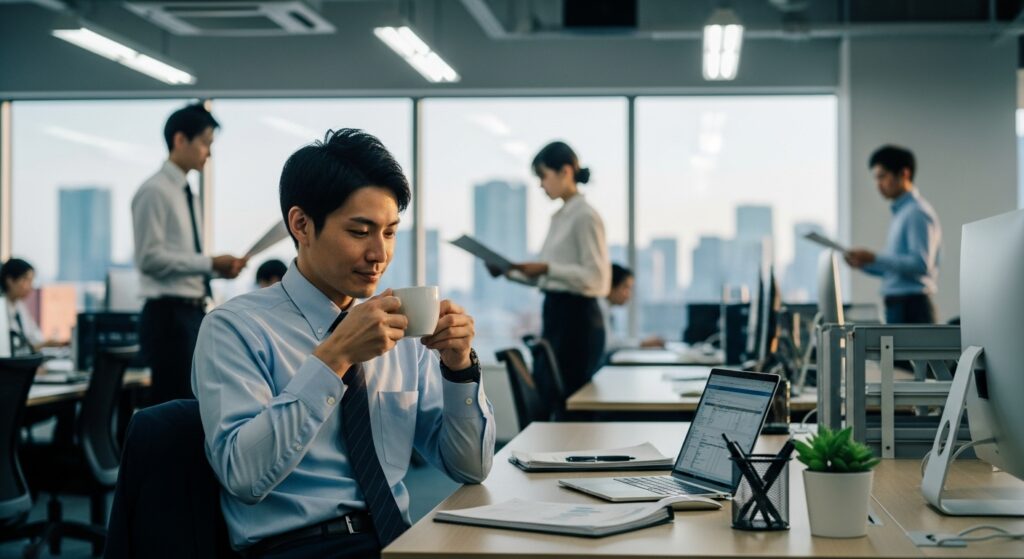 周囲を気にせず自分のペースを保ち、考え方を変えることで穏やかな気持ちで仕事に取り組む男性。