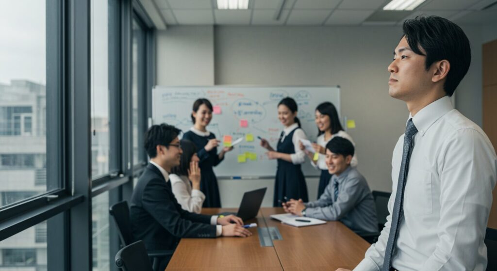 議論が盛り上がる同僚たちを横目に、一人窓の外を眺めて成長機会を失っている男性社員。