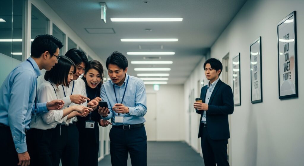 オフィスの廊下で同僚たちが盛り上がっている輪から外れ、挨拶しない人の末路である機会損失を象徴する男性。