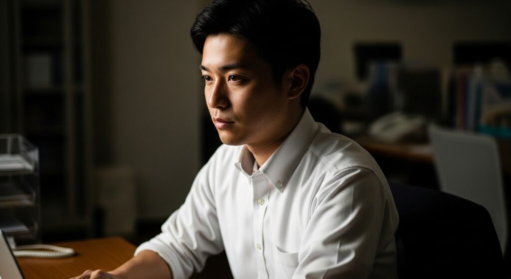 その日の気分によって感情に波があり、少し暗いオフィスで真剣な表情でPC作業に没頭する男性。