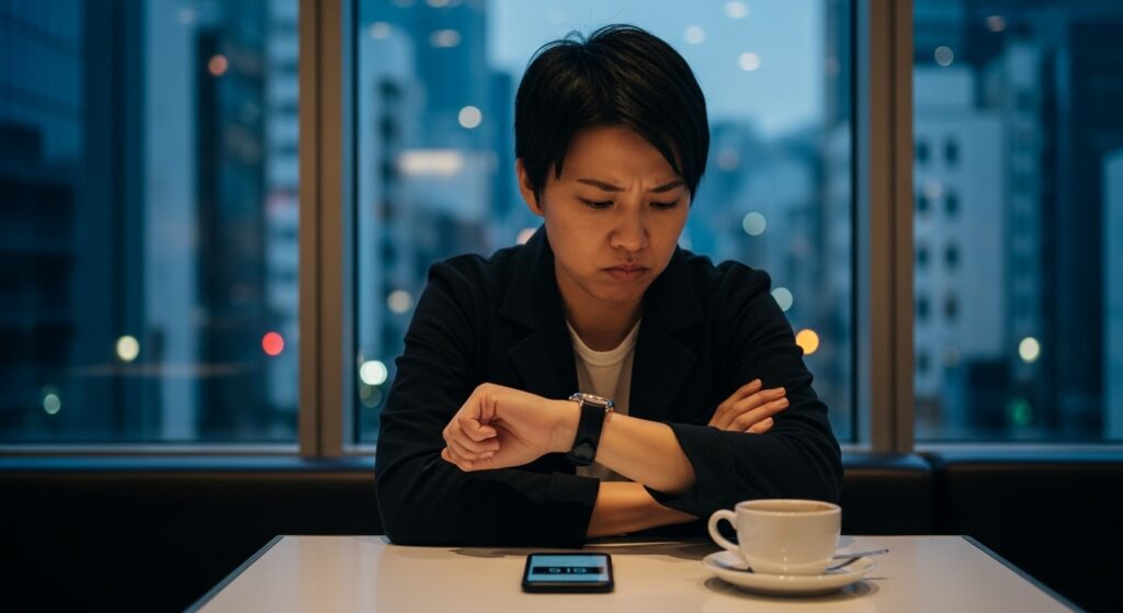 お調子者の短所である時間にルーズな側面にイライラし時計を見る人物。