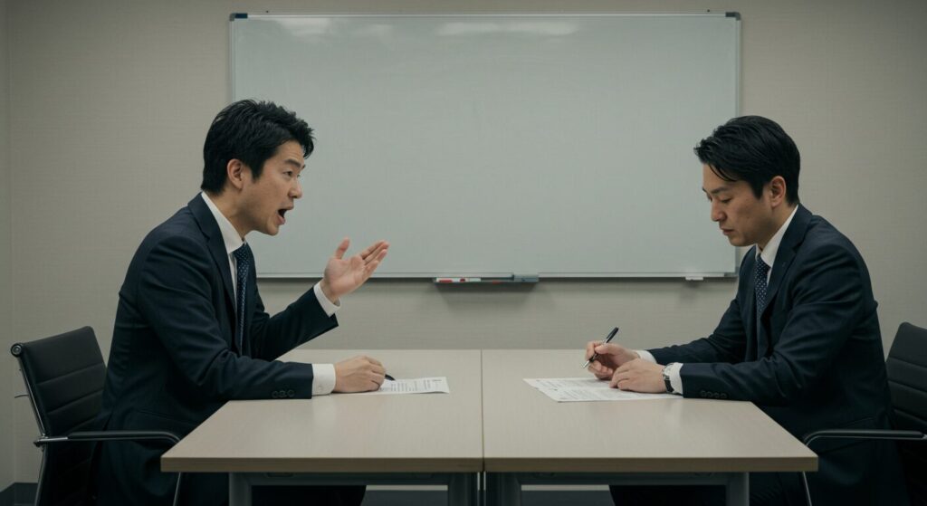 職場にて熱心に相手へ説明するも、相手は質問もせず、メモばかり取り続けている。