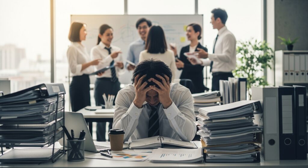 職場で同僚の協力が得られず、挨拶しない人の末路として一人で大量の仕事に頭を抱える男性社員。