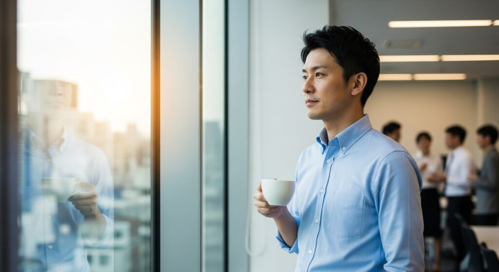 コーヒーを片手にオフィスの窓の外を眺めながら、職場の人間関係について冷静に状況を観察する男性。