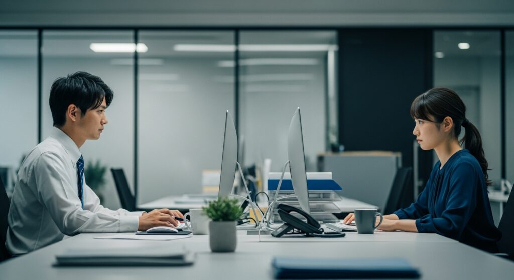 職場で向かい合って座り、お互いをライバル視して緊張感のある雰囲気で仕事をする男女の同僚。