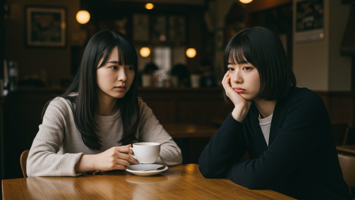 自分の話ばかりで人の話を聞かない友人との会話に、カフェでうんざりした表情を浮かべる女性。