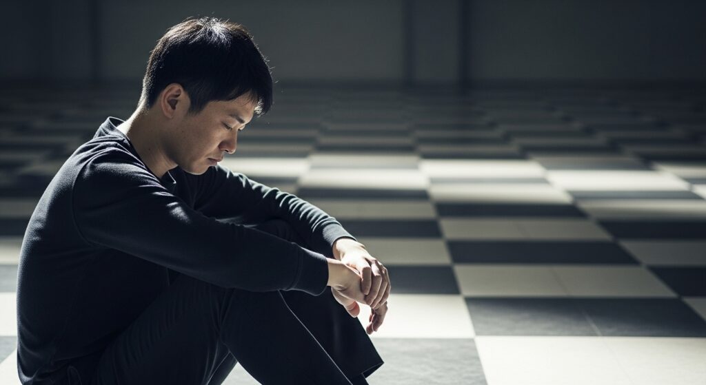 二極化思考を象徴する市松模様の床の上で、オーバーシンキングする男性。