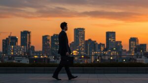 夕暮れの都市を背景に、残業キャンセル後の充実した時間を象徴するビジネスパーソン。