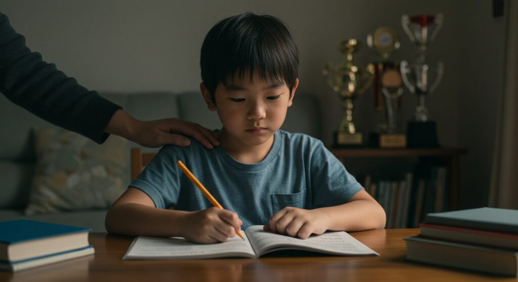 親からの過度な期待というプレッシャーを感じながら、机で勉強する男の子。