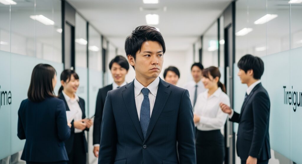 職場で不満げな表情を浮かべる男性が、挨拶しないことで不機嫌さを示す心理を表現している画像。