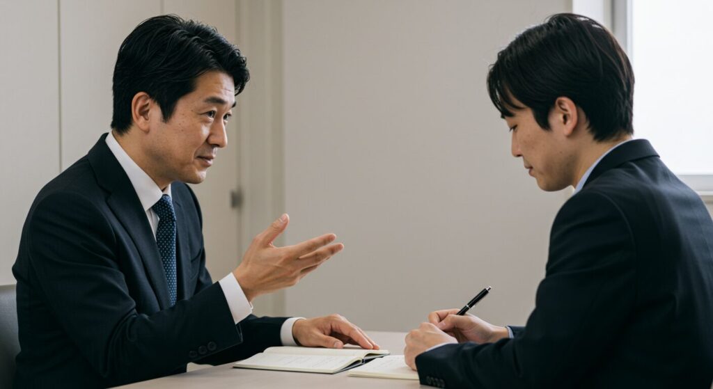 部下がメモを取る時間を作るために説明を一旦止め、待っている様子の日本人上司