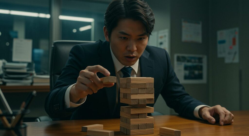 完璧主義の危うさを象徴するジェンガのブロックを、緊張した面持ちで引き抜こうとするビジネスパーソン。