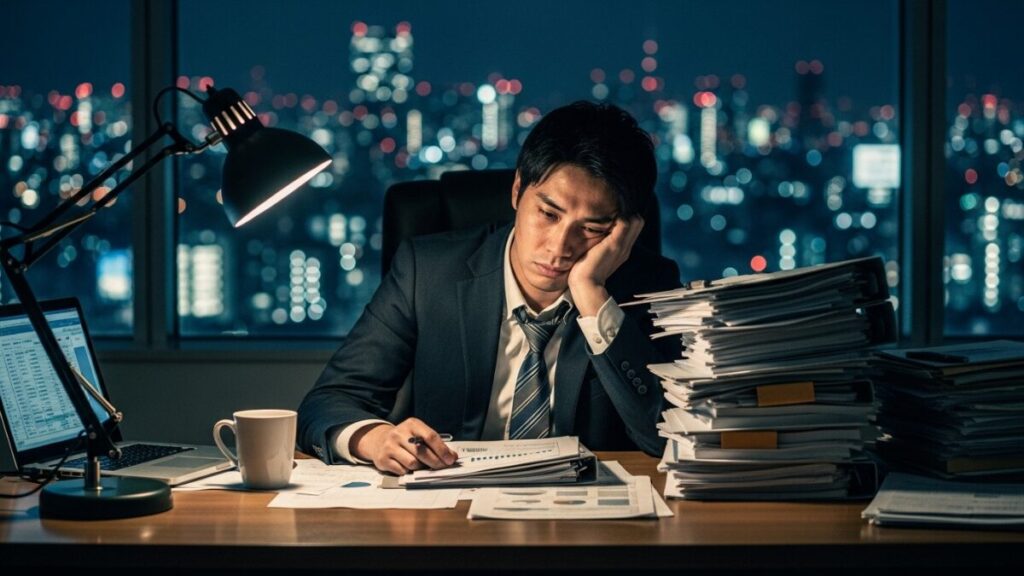 できないくせに完璧主義になってしまう男性が、終わらない仕事の山を前に夜のオフィスで疲れて頬杖をついている。