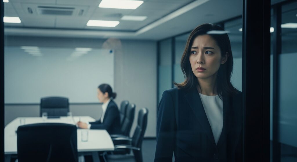 特定の同僚への個人的な苦手意識から、会議室に入るのをためらい不安な表情を浮かべる女性社員。