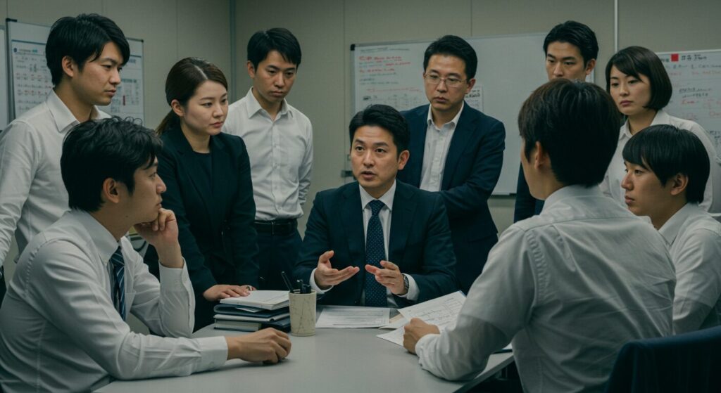 自分の説明が伝わらず、困惑した表情の同僚たちに囲まれているプライドが高い男性。