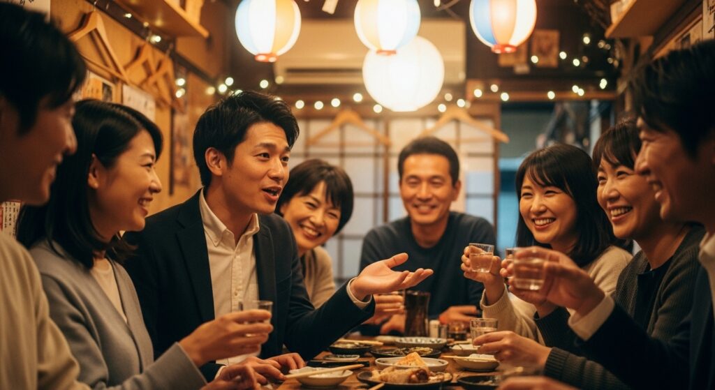 お調子者の長所であるムードメーカーとして居酒屋で場を盛り上げる日本人。