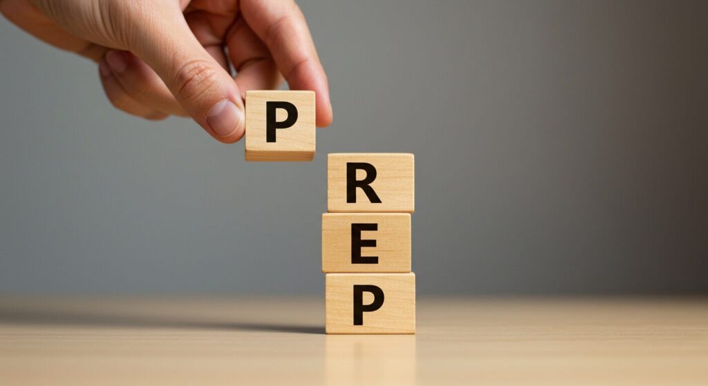 結論から話すことで説明を分かりやすくするフレームワーク「PREP法」を象徴する木製ブロック。