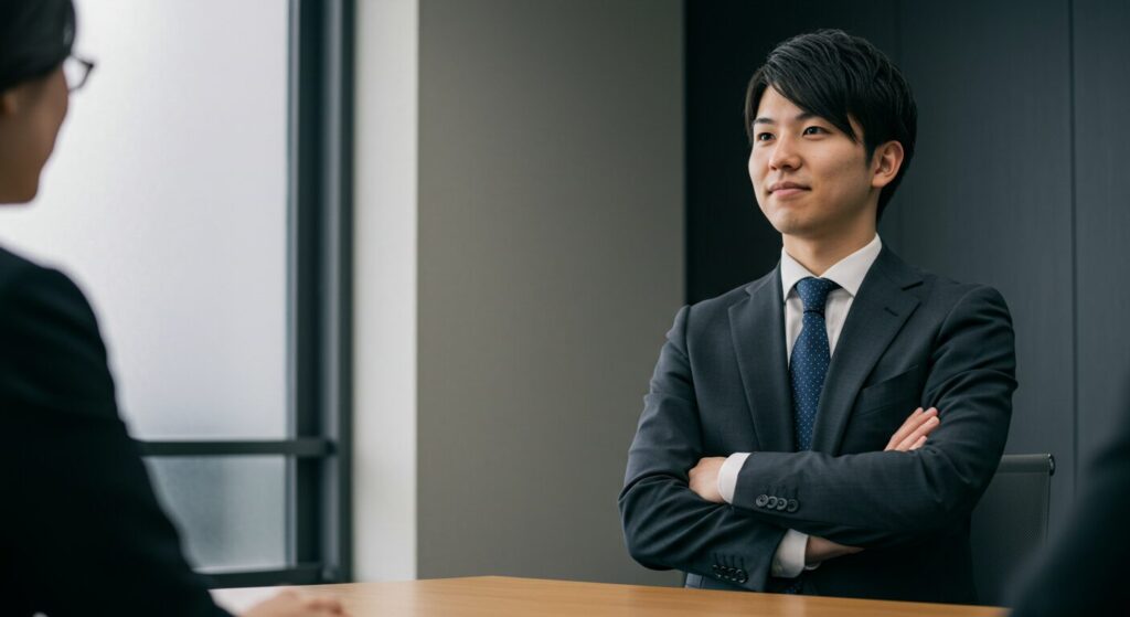 会議中に腕を組み、メモを取らずに自信ありげな表情で話を聞く若い日本人社員
