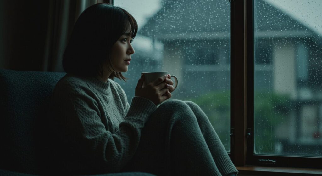 雨の日に窓辺で温かい飲み物を持ち、自分の心を守るための穏やかな時間を過ごす女性。
