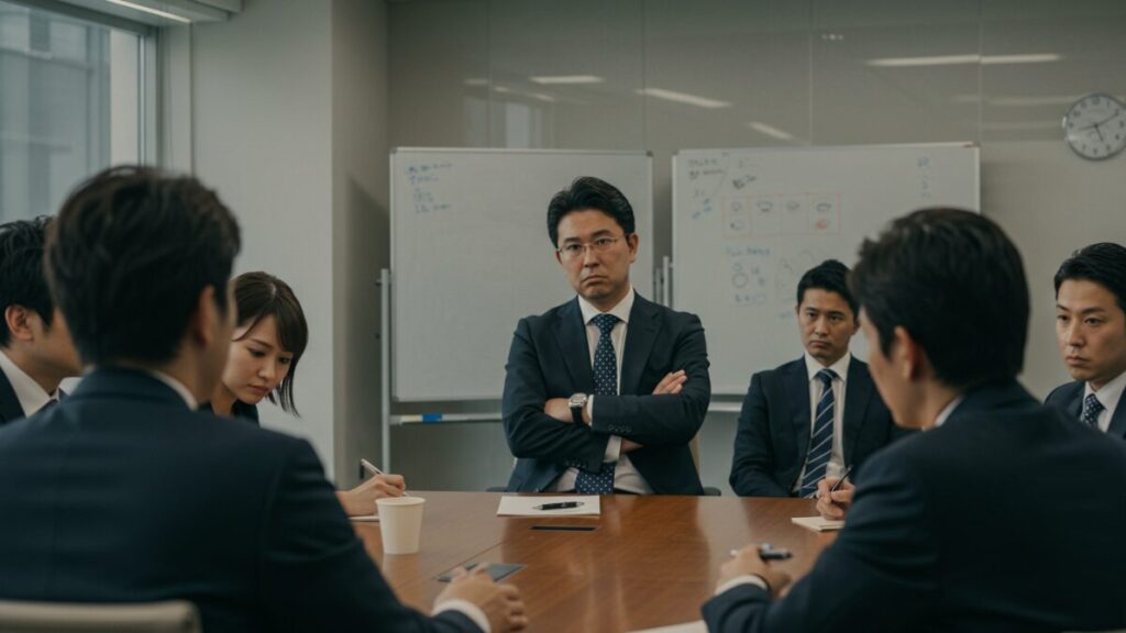 プライドが高い人の心理を象徴する、会議で腕を組んで納得していない表情の上司。