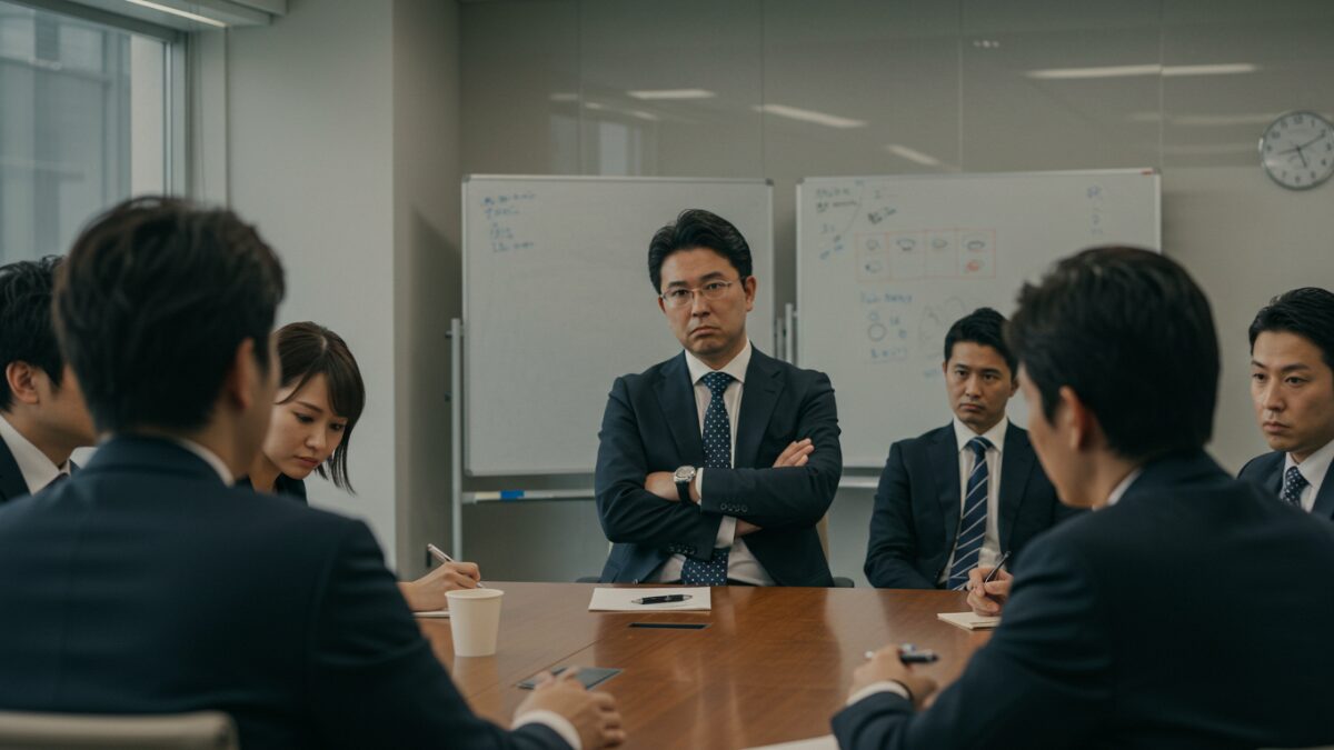 プライドが高い人の心理を象徴する、会議で腕を組んで納得していない表情の上司。