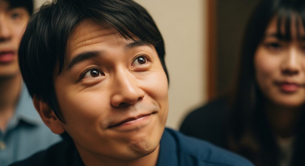 お調子者の言動の背景にある注目されたい承認欲求などの心理を表す日本人男性の表情。