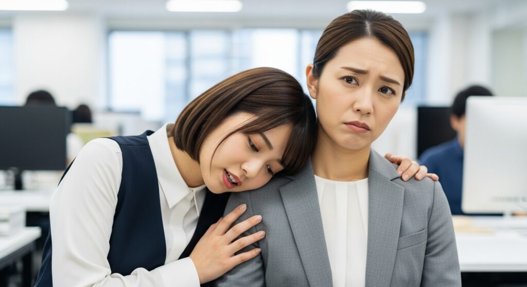 職場で困惑した表情の女性社員の肩に、別の女性社員がもたれかかり甘えている様子