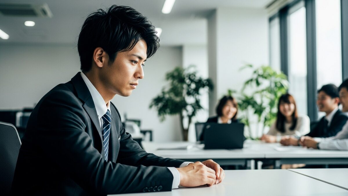 オフィスで同僚の輪から外れ、挨拶しない人の育ちや心理的な孤立について考え込むスーツ姿の若い男性。