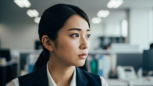 職場にいる自分にだけ当たりが強い人への対応に悩み、窓の外を見つめて考え込んでいる日本人女性社員。自分に甘えているのかと感じている様子。