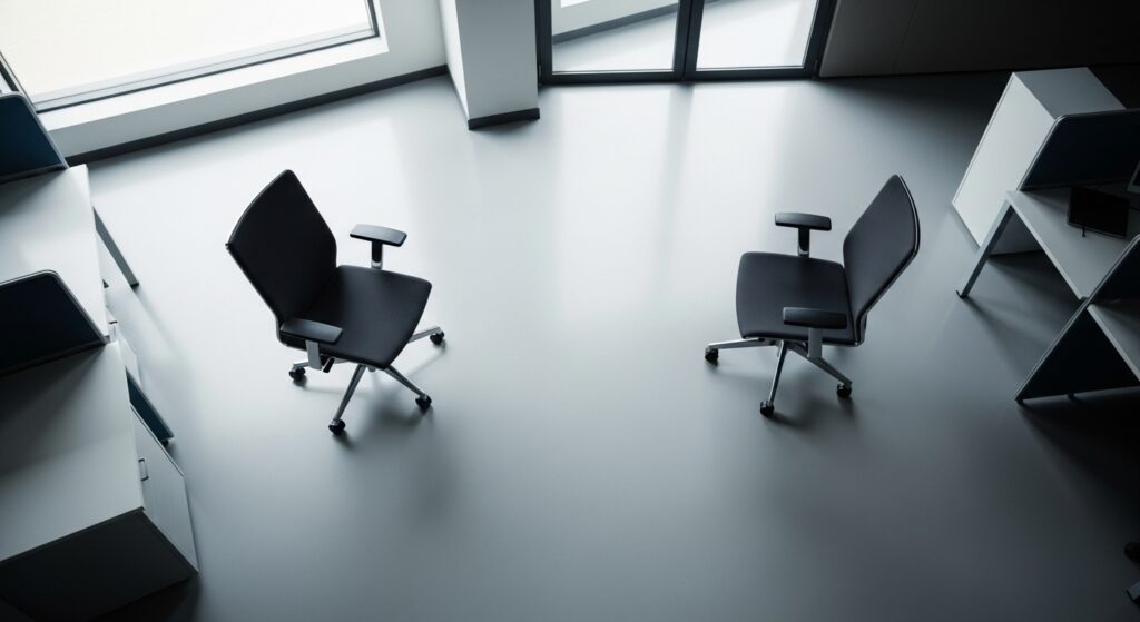 がらんとしたオフィス空間で、二脚のオフィスチェアが互いに距離を置いて配置されている様子を上から見下ろした構図