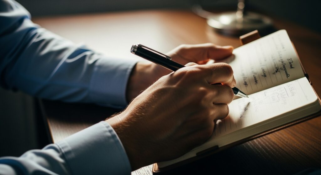 クラッシャー上司の被害に関する客観的な証拠を、詳細にノートへ記録している様子。