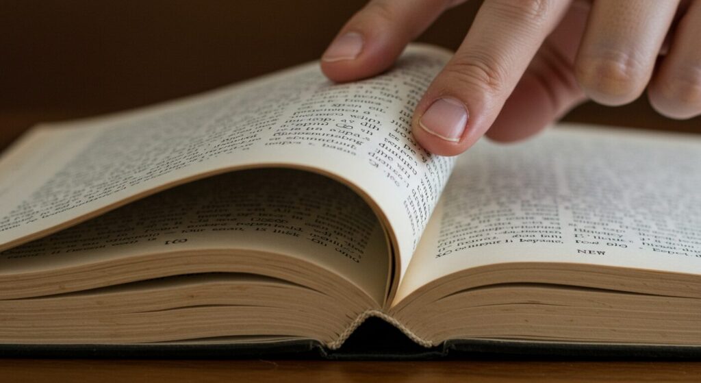  古い本のページをめくる様子が、自己肯定感を高めるための思考の転換を象徴している。