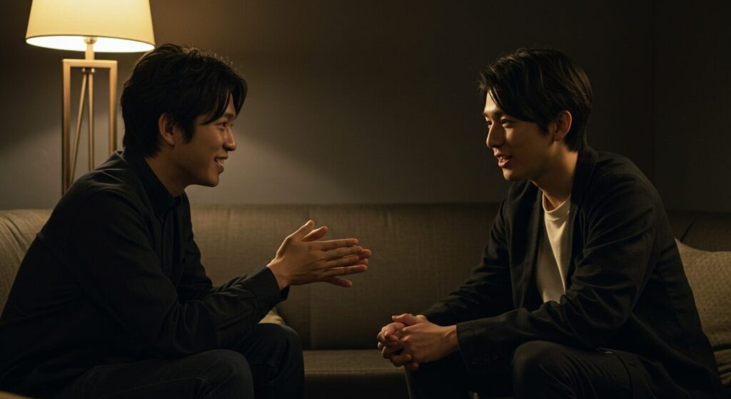 相手の話に真剣に耳を傾けながら、穏やかに会話の主導権を取り戻そうとするビジネスパーソン。