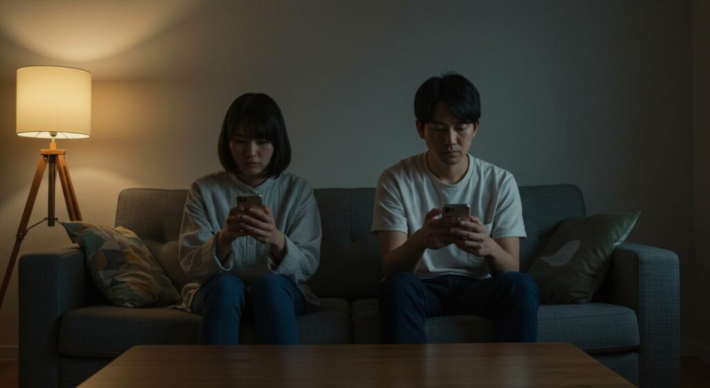 リビングのソファで互いに背を向け、コミュニケーションが断絶して関係が悪化したカップル。