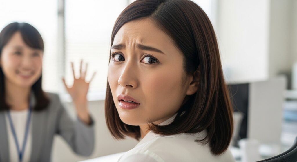 同僚からの挨拶に怯えた表情を見せる女性で、挨拶しない人の背景にある人間関係のトラウマを表現。