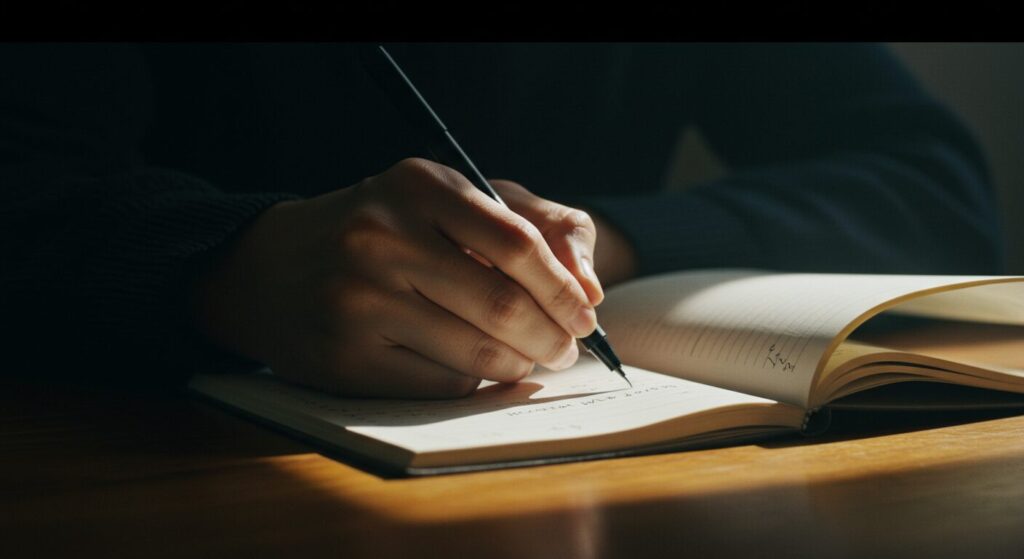 ノートのネガティブな言葉に横線を引き、ポジティブな言葉に書き換えている手元。