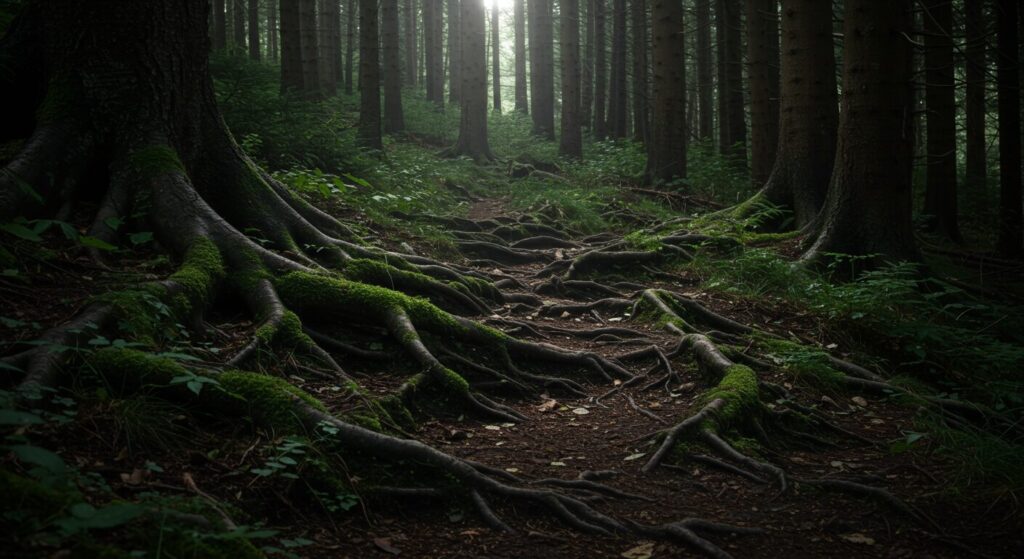 複雑に絡み合った木の根が、自己肯定感が低くなる根深い原因を象徴している様子。