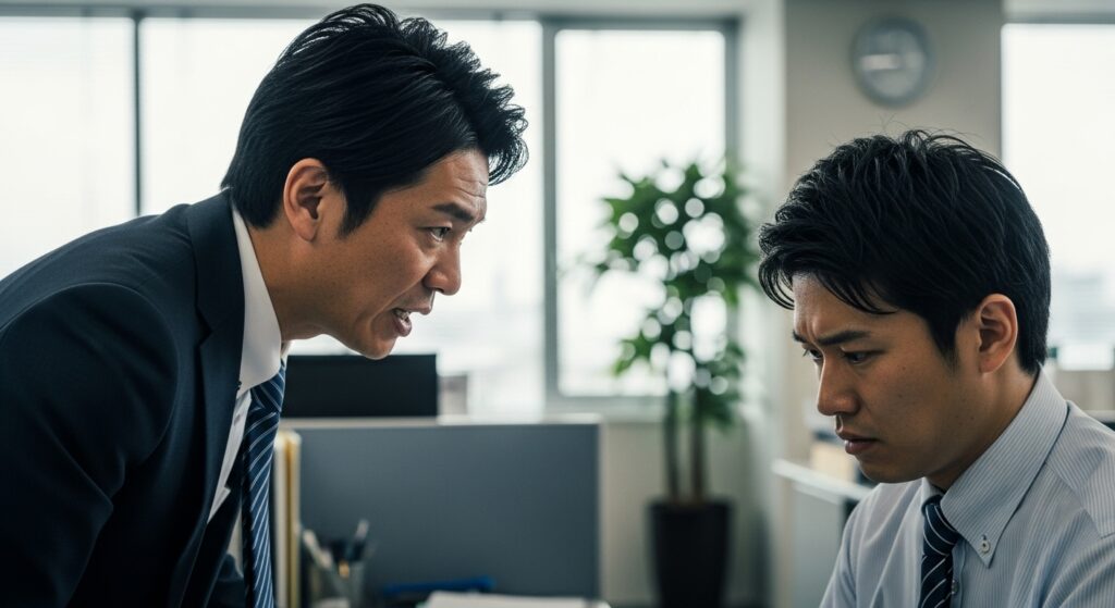 職場で年上の男性上司が、デスクで俯く若い男性部下に顔を近づけ、厳しい口調で叱責している様子