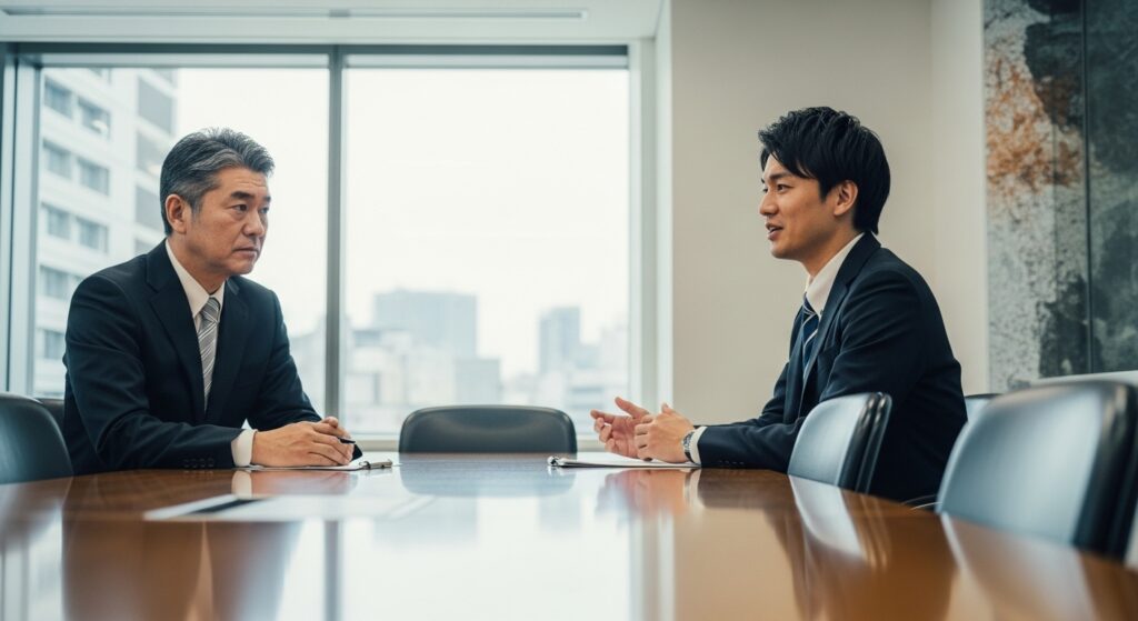 職場の人間関係の問題について、会議室で真剣な表情の上司に助言を求めて相談する若手社員。