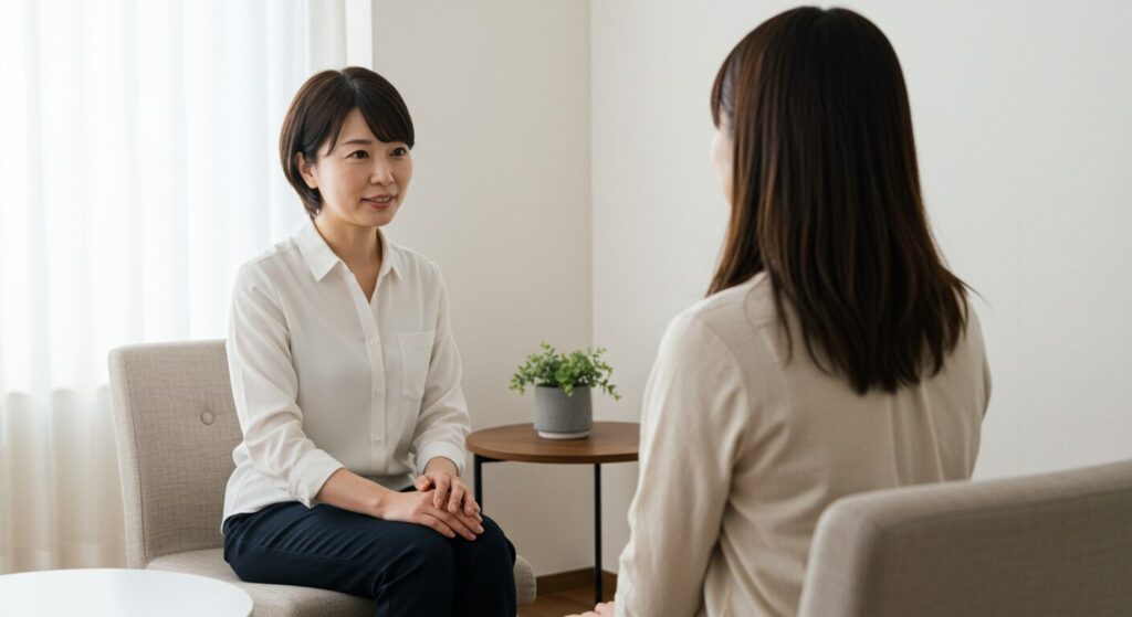 カウンセラーから専門家のサポートを受け、安心して話を聞いている相談者の日本人女性。