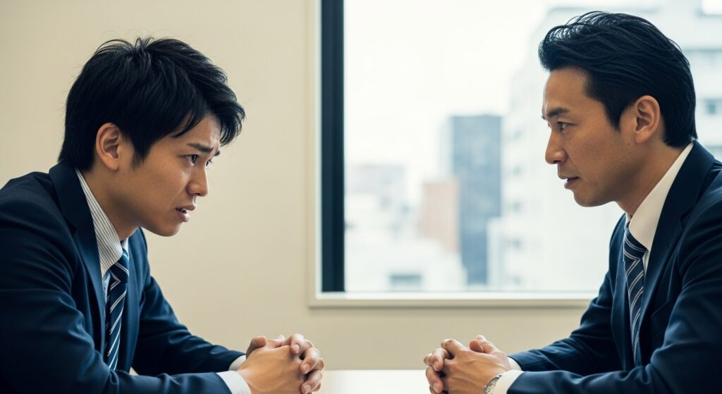 職場の会議室で、スーツ姿の若い男性社員が向かいに座る年上の男性上司に真剣な表情で相談している