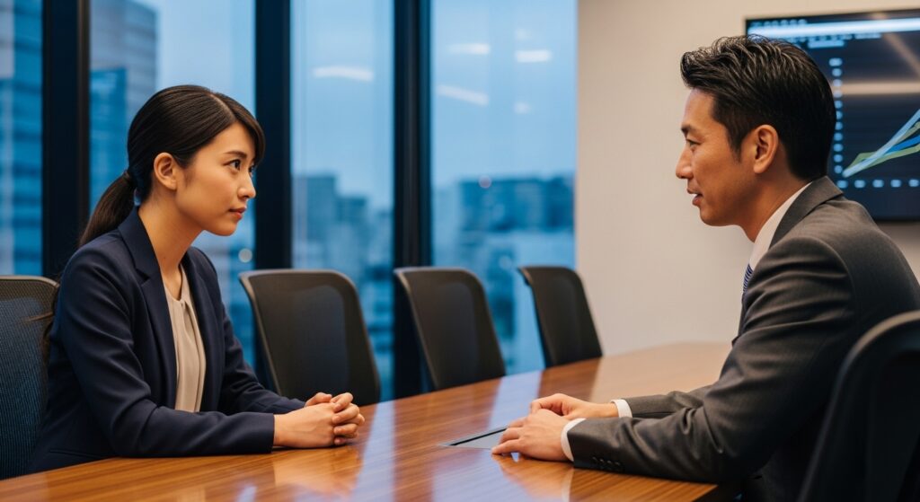 職場の人間関係の悩みについて、会議室で信頼できる上司に真剣な表情で相談する女性社員。