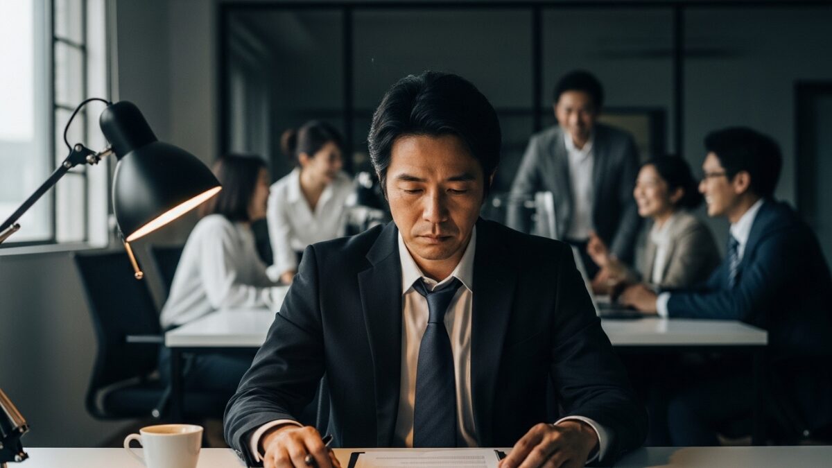 職場で一人だけ挨拶されずに孤立し、人によって挨拶しない人の心理について悩むスーツ姿の男性。