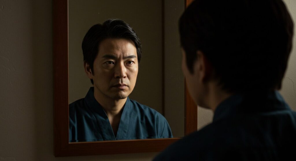 鏡に映る自分自身を真剣な表情で見つめ、プライドの高さと向き合おうと決意する男性。