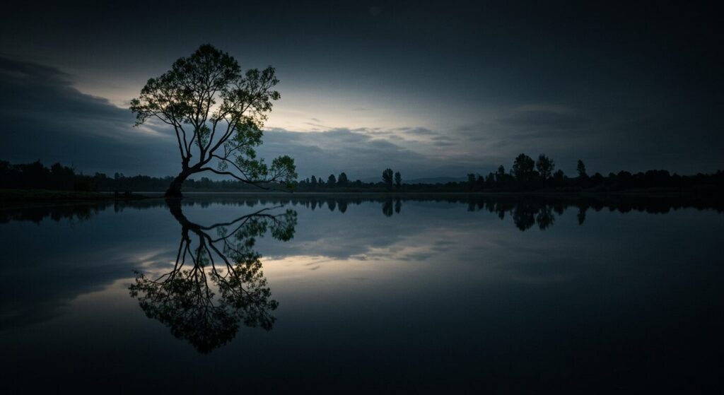静かな湖の水面に一本の木が上下対称に映り込み、自己受容を象徴している風景。