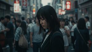 自己肯定感を下げてくる人の影響で、多くの人々が行き交う都会の街中で孤独を感じてうつむく日本人女性。