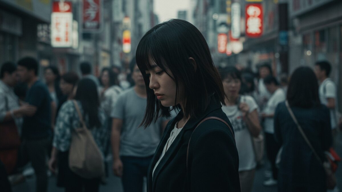 自己肯定感を下げてくる人の影響で、多くの人々が行き交う都会の街中で孤独を感じてうつむく日本人女性。