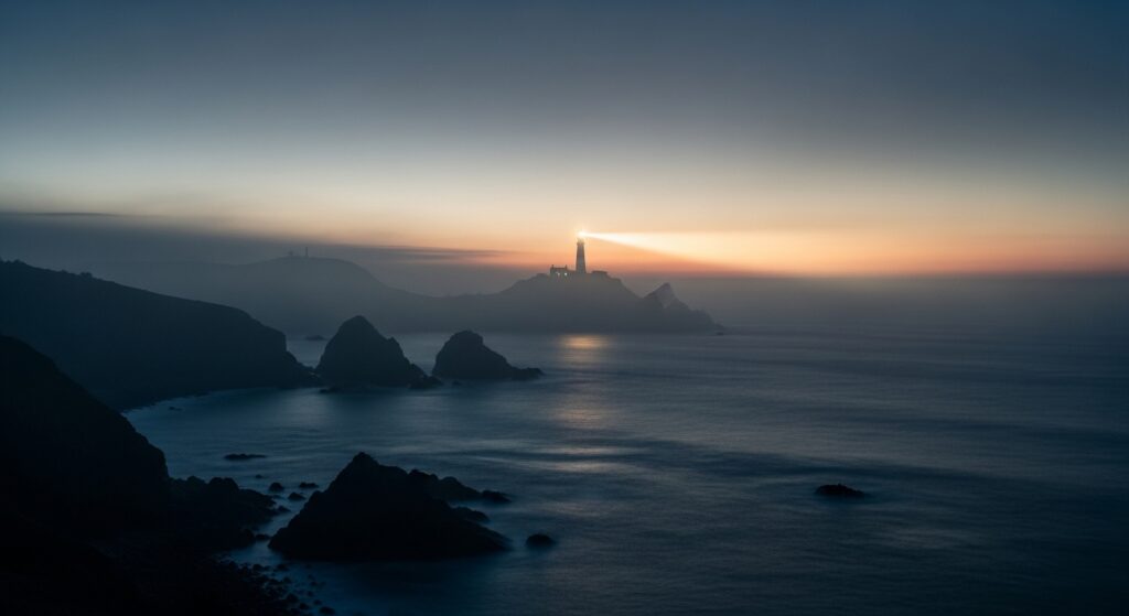 完璧主義という霧の中で、明確な目的を象徴する灯台の光。