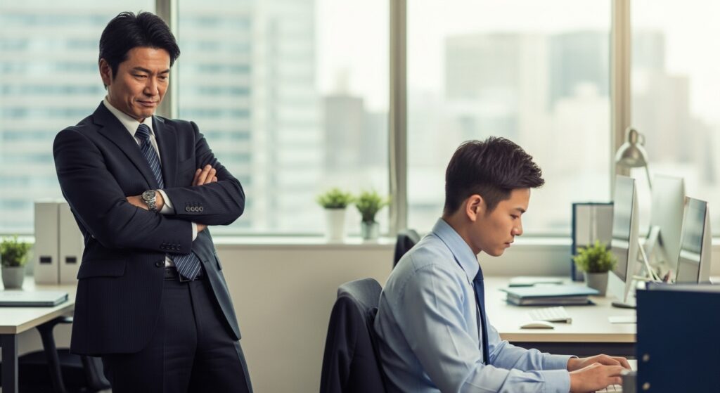 パソコンで作業する部下を腕組みしながら見下ろし、自身の優位性を示したいと考えている上司。